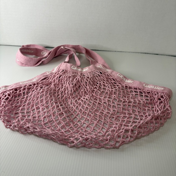 NEW Glossier Beauty Pink Mesh Twill Shopping Shoulder Bag Satchel Knit - Picture 6 of 8